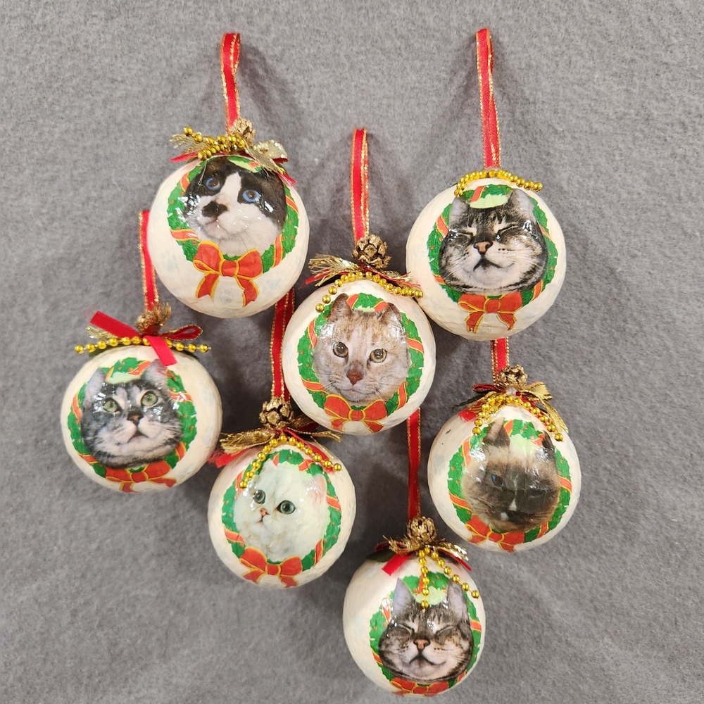 Set of 7 Handmade Cat Christmas Ornaments‎ 3" Whimsical Festive Holiday Decor
